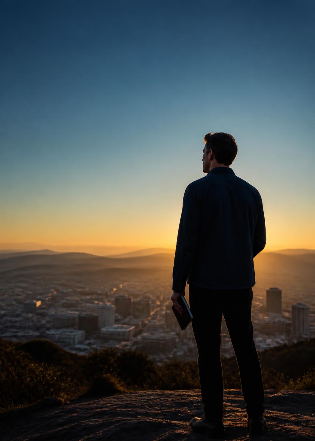 Entrepreneur looking over a city at sunrise, ready to choose a new direction