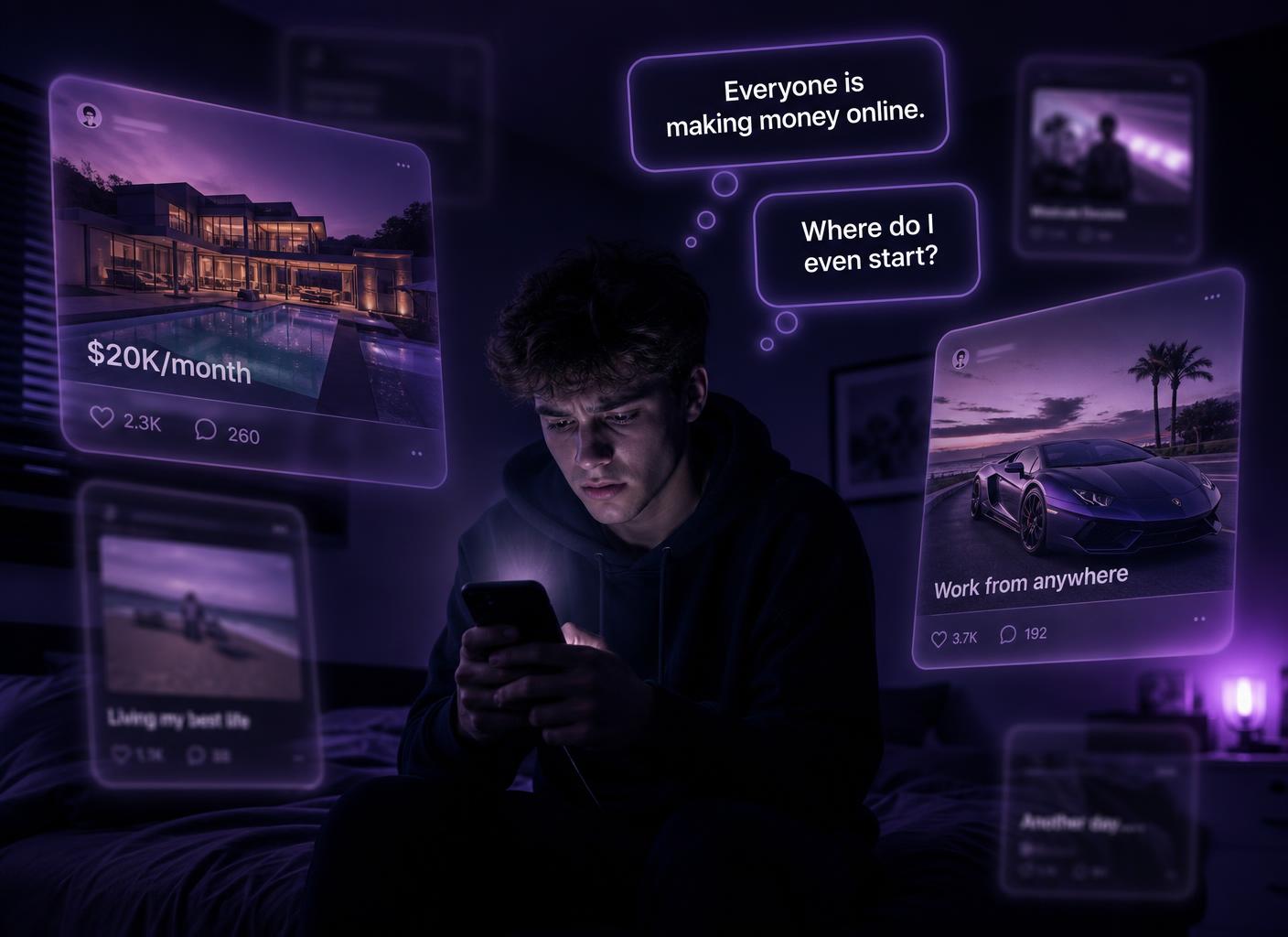A young man scrolling his phone at night surrounded by glowing social media posts promising easy money, and a young creator at her ring light desk reviewing declining analytics — both wondering what they should actually be building